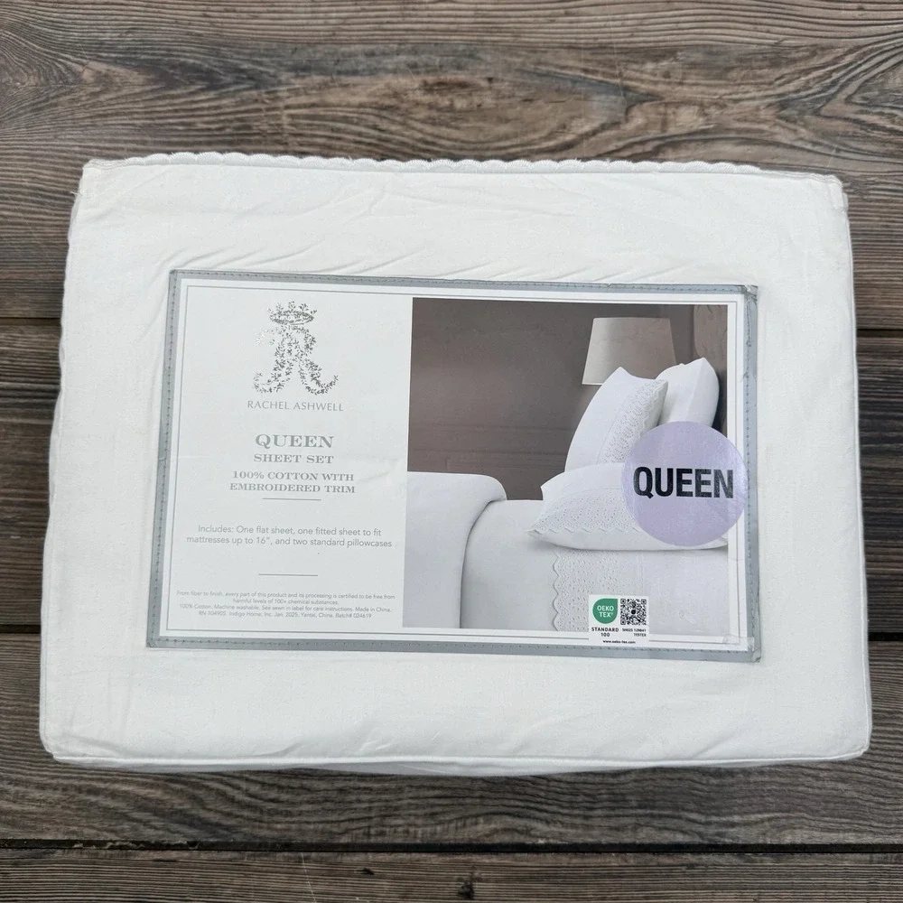 Rachel Ashwell Embroidered Eyelet Hem QUEEN Sheet Set White 100% Cotton NEW